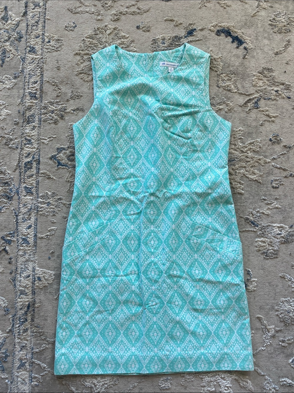 Southern Tide Teal and White Sleeveless Printed Shift Dress